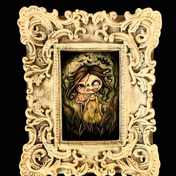 Zombie painting skeleton dead girl art cute brain eating wall decor pop surrealism ornate framed  original painting 4 x 6