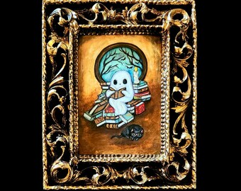 Book painting ghost art cute library cat wall decor pop surrealism gold ornate framed  original painting 5 x 7