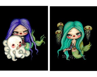 Mermaid Print Set---tattooed Nautical Girl Octopus jellyfish Wall Art 5 x 7's