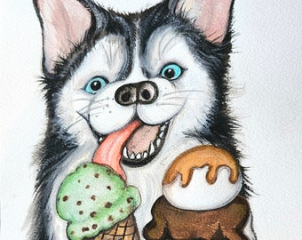 Husky painting cute ice cream eating dog watercolor art wall decor portrait original painting doggy art canine