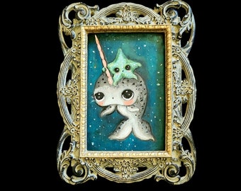 Narwhal painting nautical starfish art cute wall decor pop surrealism whale ornate  framed original painting 4 x 6