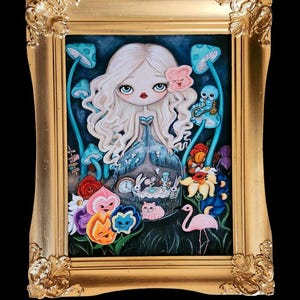 Alice in Wonderland Painting: Cheshire Cat, Hourglass, Golden Ornate Frame