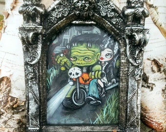 Frankenstein painting pop surrealism bride of frank motorcycle art spooky Framed Wall Art decor Original Painting