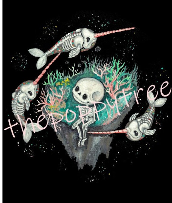 スカルデザイン アートブック Spooky Narwhal Skeleton Art Print – Undersea Halloween Decor