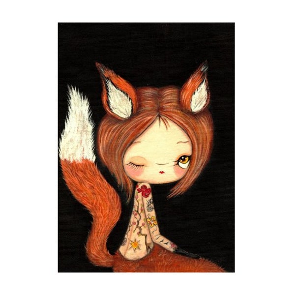 animal prints fox print tattooed girl fuzzy fox pop surrealism art red fox 8 x 10 wall decor