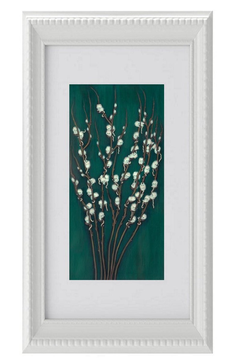 cat print kitty art surreal pussy willow animal prints pop surrealism tree art 7 x 14 wall decor image 1