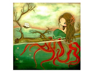 octopus print nautical beach prints tentacled girl surrealism 8 x 8 wall decor