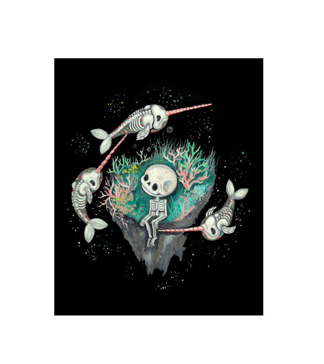 Spooky Narwhal Skeleton Art Print – Undersea Halloween Decor