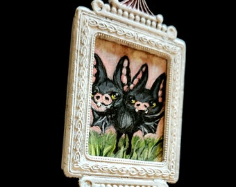 Bat painting conjoined bats miniature nocturnal animal art pop surrealism spooky art carnival freaks Framed Wall Art decor Original Painting