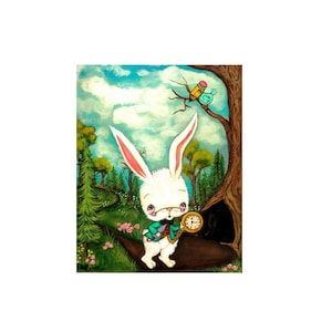 The White Rabbit Print Cute Pencil Bird Fairy Tale Wall Art --- Rabbit Hole