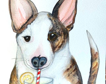 Pitbull Terrier painting cute lemonade drinking dog watercolor art wall decor spudz  portrait original painting doggy art canine