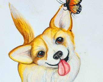 Corgi painting cute watercolor dog art wall decor butterfly puppy welsh corgi portrait original painting doggy art canine corkie