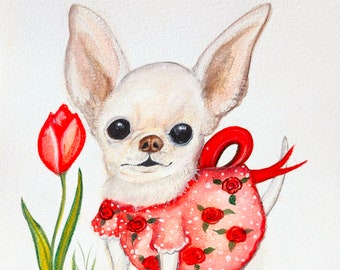 Chihuahua painting cute watercolor dog art wall decor spring flower puppy girl portrait original painting doggy art canine