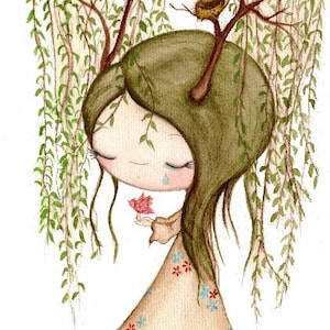 May include: Watercolor painting of a girl with long green hair and a brown dress with blue and red flowers. She is crying and holding a small red bird. Her hair is styled with branches and leaves, and a bird's nest sits on top of her head.