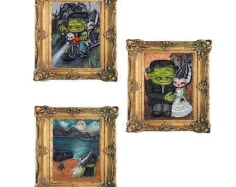 Frankenstein Print Set cute couple bride of frank art pop  surrealism Wall Art 5 x 7 spooky monster wall decor print set