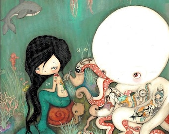 Octopus Print Tattooed Girl Mermaid Nautical Original Art---The Octopus Tattoo artist