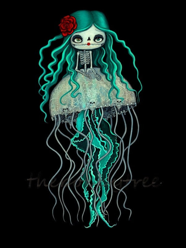 May include: A skeletal figure with teal hair and a red flower, dressed in a white lace gown, is depicted as a jellyfish with long, flowing tentacles.