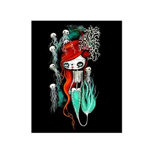 mermaid print skeleton art jellyfish prints spooky art under the sea prints 8 x 10 wall decor