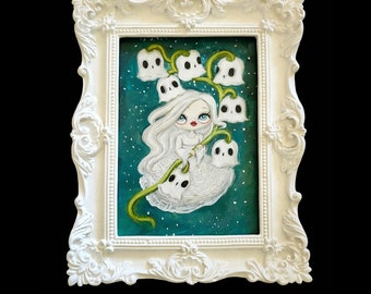 Ghost painting lily of the valley art cute  wall decor pop surrealism spooky flowers ghost girl ornate framed gold original painting 5 x 7