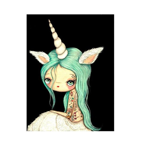 unicorn print tattooed girl fuzzy animal prints pop surrealism art 8 x 10 wall decor