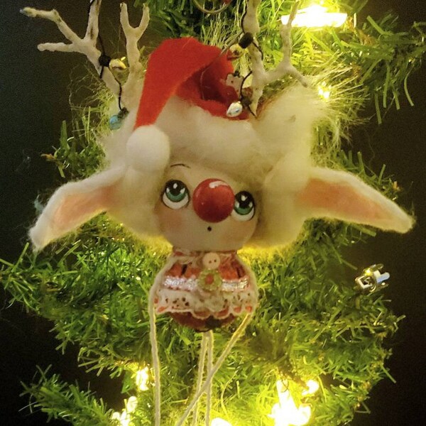 Cute reindeer girl pom pom Christmas Tree dweller wool bell Ornament Forest Decoration---Wooden Holiday Bell Bottom