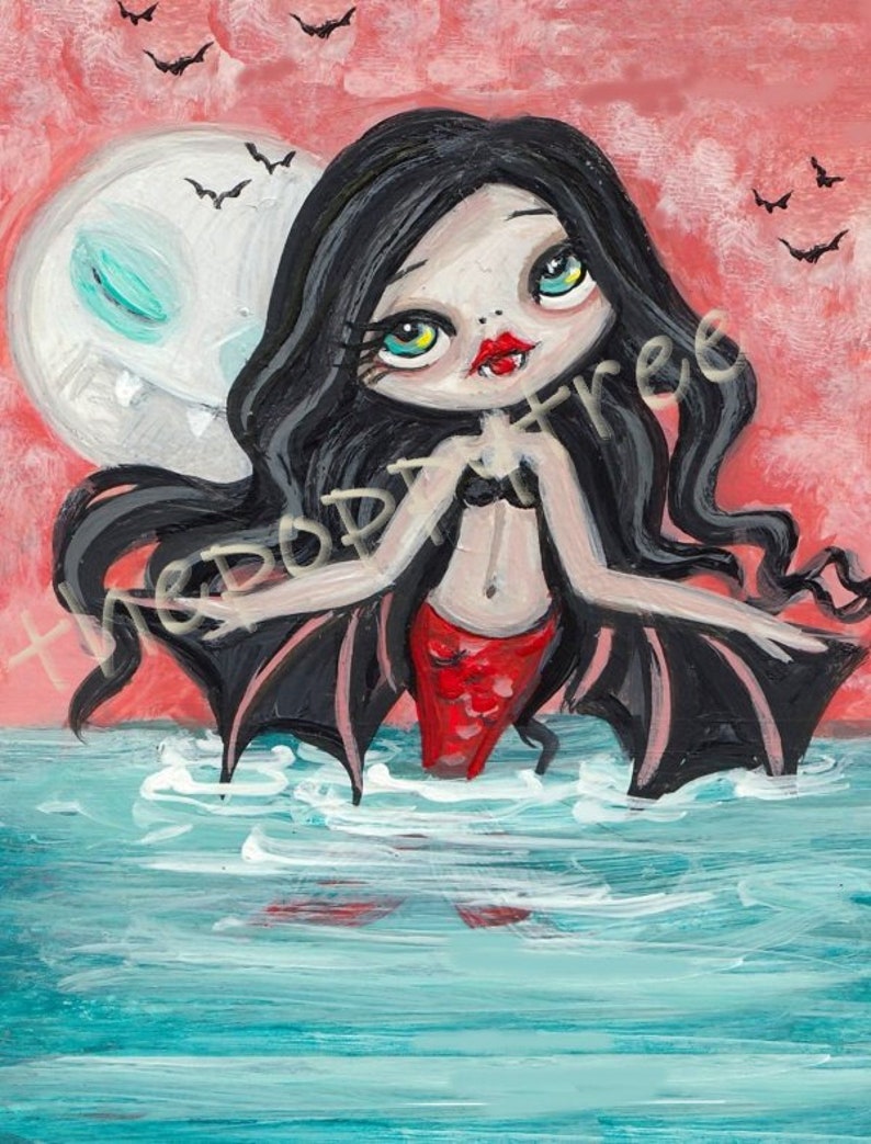 Vampire print surreal art spooky vampire mermaid prints nautical bat art 8 x 10 wall decor image 3