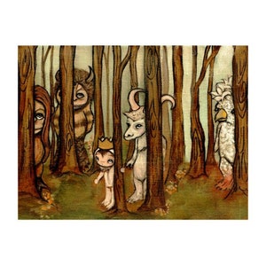 monster prints where the wild things are print moishe art nursery monster art surreal  10 x 8  wall decor