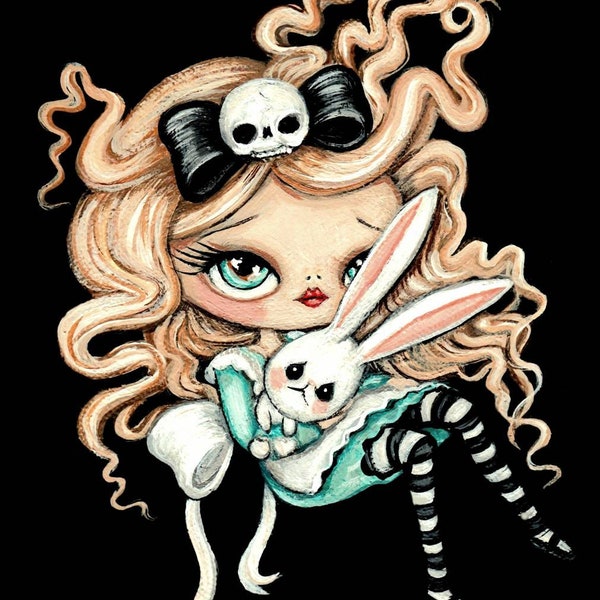 Down the rabbit hole Alice in Wonderland Original Painting bunny rabbit skull Fairy Tale Wall Art 6 x 8