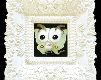 Moon moth painting cute fuzzy  moonmoth portrait art winged wall decor pop surrealism  ornate  framed original painting