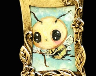 Bee painting mini bee art pollinators portait pop surrealism art miniature gold Framed Wall Art decor Original Painting