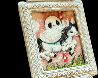 Ghost painting mini carousel horse ghost pop surrealism spooky art carnival Framed Wall Art decor Original Painting miniature dollhouse size