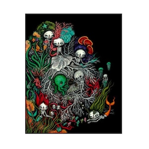 May include: A whimsical illustration of a coral reef with skeletons dressed as mermaids. The skeletons are surrounded by colorful coral, seaweed, and an octopus. The background is black.