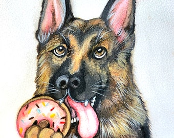 German Shepard painting cute donut eating dog watercolor art wall decor puppy portrait original painting doggy art canin