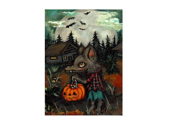 Werewolf Halloween Art Print: Spooky Wolfie Fall Animal Decor