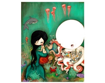 Impresión de pulpo, chica tatuada, arte de sirena, impresión grande, 11 x 14, decoración de pared, tienda de tatuajes, tinta de pulpo