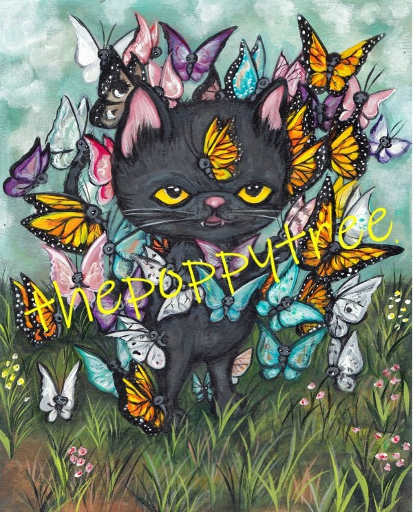 Poster Chaton - Illustration - Fleurs - Nature - Chat - 80x60 cm - Cadeau  fille 7 ans