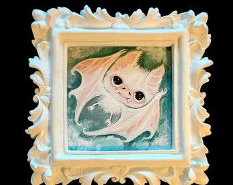 Bat painting cute Albino bat pink nocturnal wall decor pop surrealism ornate  framed original painting 5 x 5