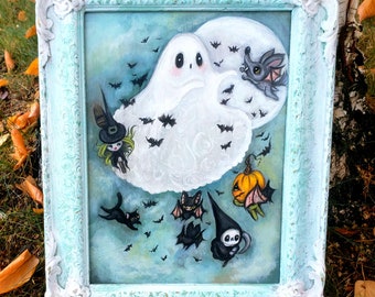 Ghost painting cute ghost bat carousel Halloween werewolf witch pumpkin pop surrealism spooky  art Framed Wall Art decor Original Painting