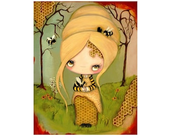 Impresiones de abejas, abejas de miel, surrealismo pop, decoración de pared de 11 x 14