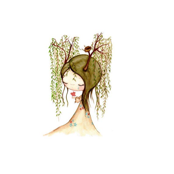 weeping willow print tree art bird prints cute pop surrealism animal art  8 x 10 wall decor
