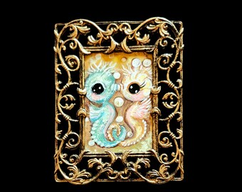 Seahorse  painting mini seahorse love pop surrealism art ornate Framed Wall Art decor Original Painting