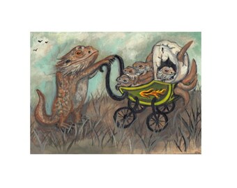 Bearded dragon print cute surreal art mothers mamma prints baby dragon 8 x 10 wall decor