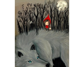 Little Red Riding Hood Wolf Art Print: Surreal Forest Wall Decor (8x10)