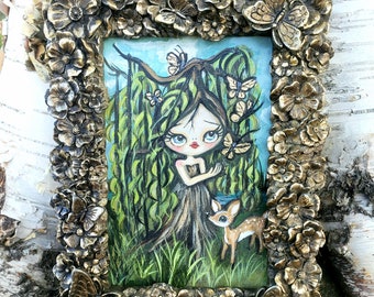 Weeping willow painting fawn art pop surrealism art ornate gold butterfly Framed Wall Art decor Original Painting