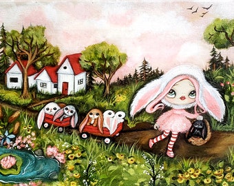 Lop bunny painting cute rabbit wall art Countryside Flowers animal spring pops surrealism wall decor original painting 8 x 12