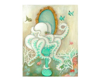 Lámina artística de pulpo: decoración de baño con corales oceánicos, 8x10