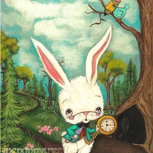 The White Rabbit Print Cute Pencil Bird Fairy Tale Wall Art --- Rabbit Hole