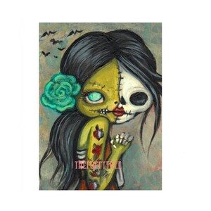 Cute zombie skeleton girl Art print drawlloween 5 x 7