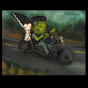frankenstein print bride of frankenstein surreal harley biker skeleton tattooed couple large fine art print 14 x 11 spooky wall decor