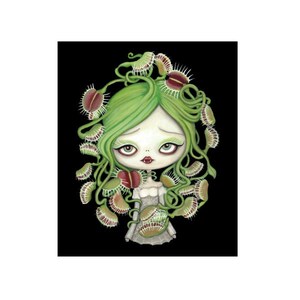 May include: A digital illustration of a girl with green hair and a white dress. Her hair is made up of carnivorous plants with red flowers. The background is black.